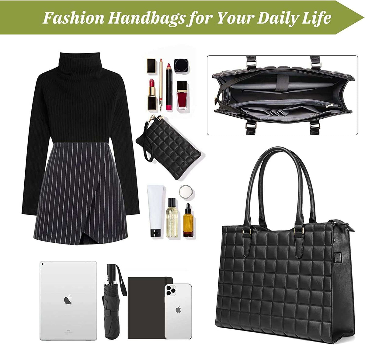 Laptop Tote Bag for Women in black quilted PU leather with dual handles, USB charging port, and multiple compartments visible inside.