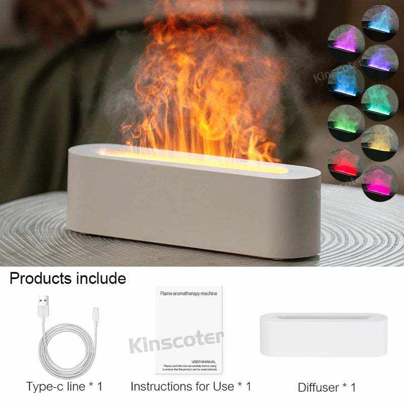 Essential Oil Aroma Diffuser with white oval design, realistic orange flame mist effect and color-changing night light options