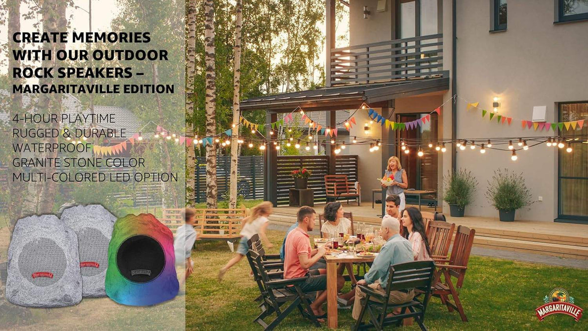 Outdoor Rock Bluetooth speakers with granite stone color, rugged durable design, waterproof, and multi-colored LED option for outdoor use.