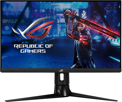 ROG Strix XG27AQ 27-inch black gaming monitor with thin bezel, fast IPS display showing a futuristic warrior with red sword graphic.