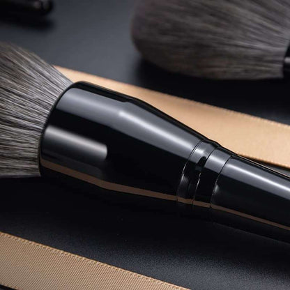 Makeup Brushes Set featuring black glossy handles with dense, soft gray synthetic bristles, ideal for flawless application.