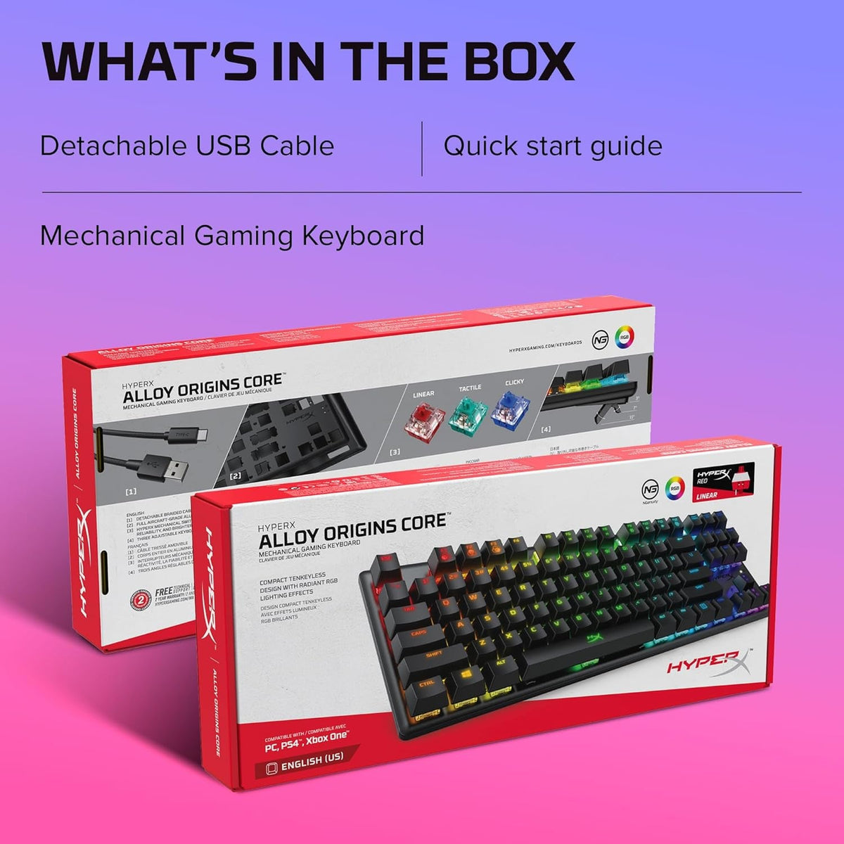 Alloy Origins Core tenkeyless mechanical gaming keyboard in black with RGB LED backlighting and detachable USB cable shown in retail packaging