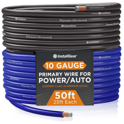 10 Gauge Wire black and blue copper clad aluminum with flexible PVC jacket for power and ground automotive use, 50ft length.