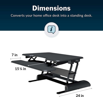 Two-Tier Standing Desk converter in black with adjustable height, two flat surfaces for monitor and keyboard, and sturdy metal frame