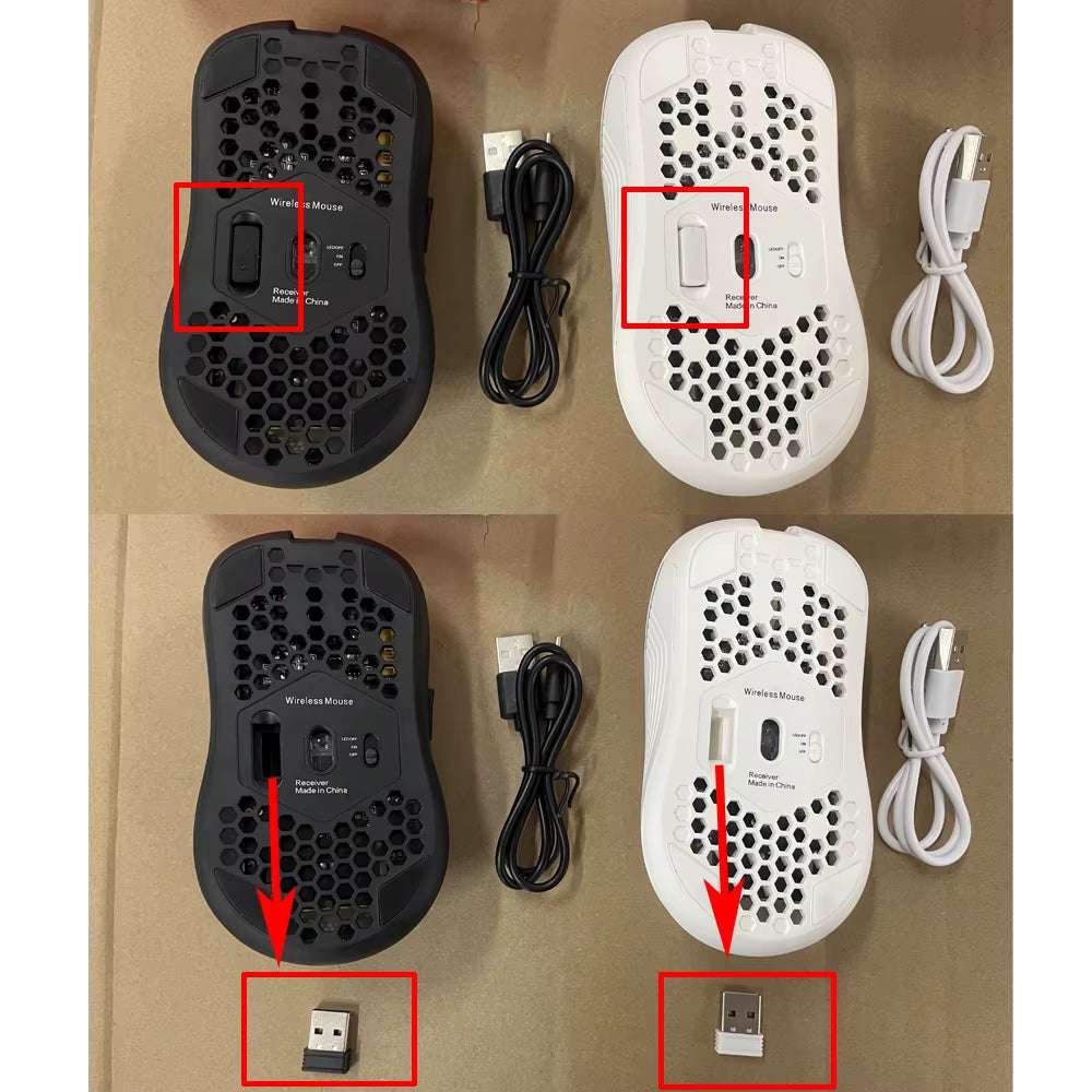 Wireless Gaming Mouse in black and white with honeycomb design, USB receiver, Type-C charging cable, and DPI switch on the bottom.