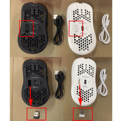 Wireless Gaming Mouse in black and white with honeycomb design, USB receiver, Type-C charging cable, and DPI switch on the bottom.