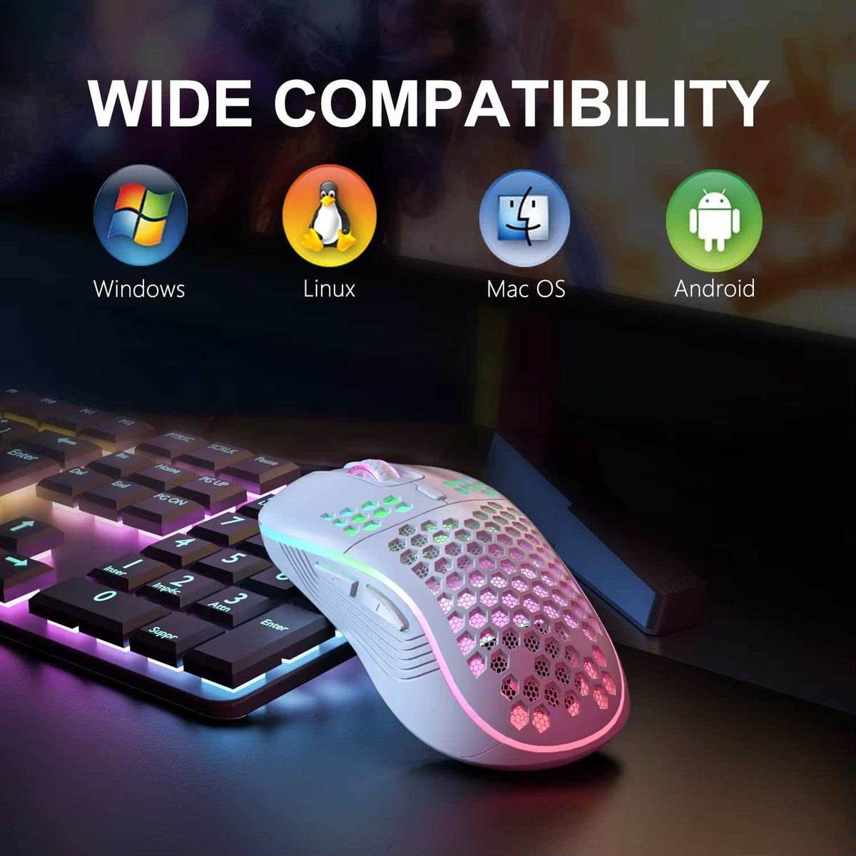 Wireless Gaming Mouse in white with ergonomic honeycomb design, RGB backlit lighting, and multiple function buttons on the side.