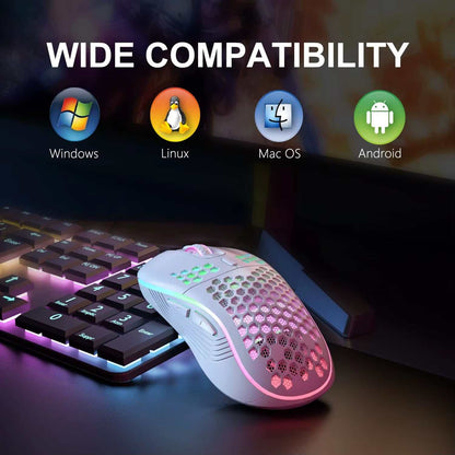 Wireless Gaming Mouse in white with ergonomic honeycomb design, RGB backlit lighting, and multiple function buttons on the side.