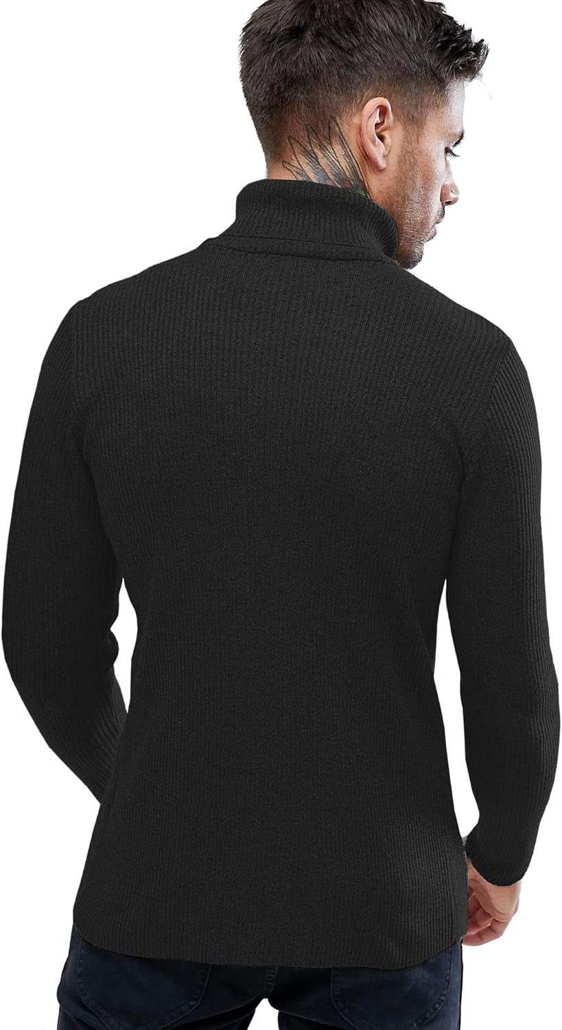 Men'S Knitted Ribbed Turtleneck Pullover Sweaters with Patchwork (Black XXL)