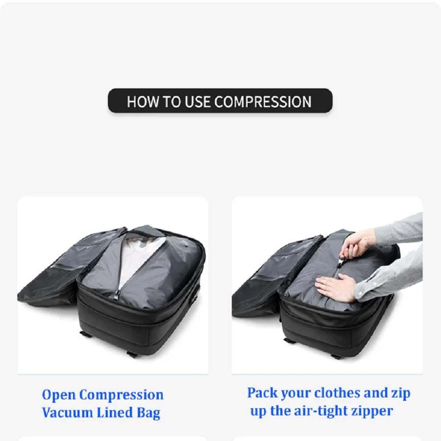 Travel Backpack Vacuum in black waterproof material, showing compression bag being packed with clothes and zipped airtight for space-saving.