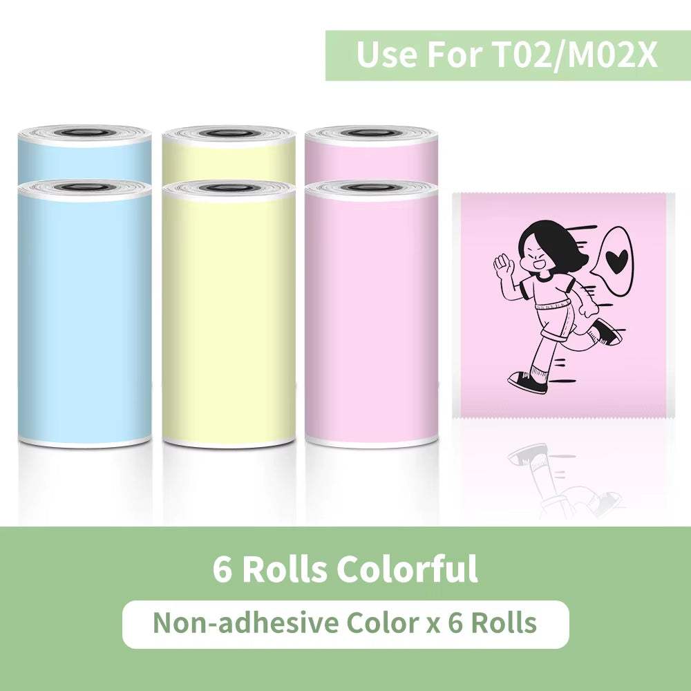 Portable Printer thermal paper rolls in pastel blue, yellow, and pink without adhesive, suitable for T02/M02X models with printed cartoon illustration.