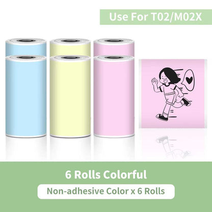 Portable Printer thermal paper rolls in pastel blue, yellow, and pink without adhesive, suitable for T02/M02X models with printed cartoon illustration.