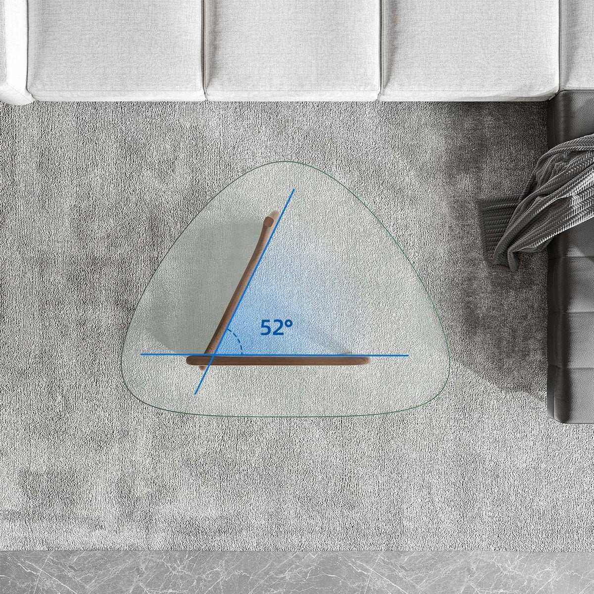 Triangle Glass Coffee Table with clear tempered glass top and dark wood base featuring three legs and rounded triangular shape.