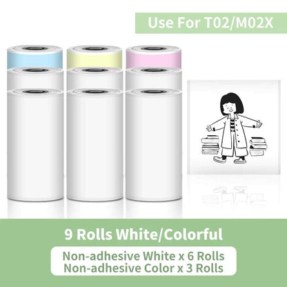 Set of 9 thermal paper rolls in white and pastel colors, compatible with Portable Printer for versatile label printing and crafts.