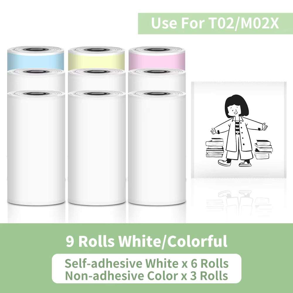 Nine rolls of self-adhesive white and colorful thermal paper for Portable Printer, glossy with smooth surfaces and clear printing example.
