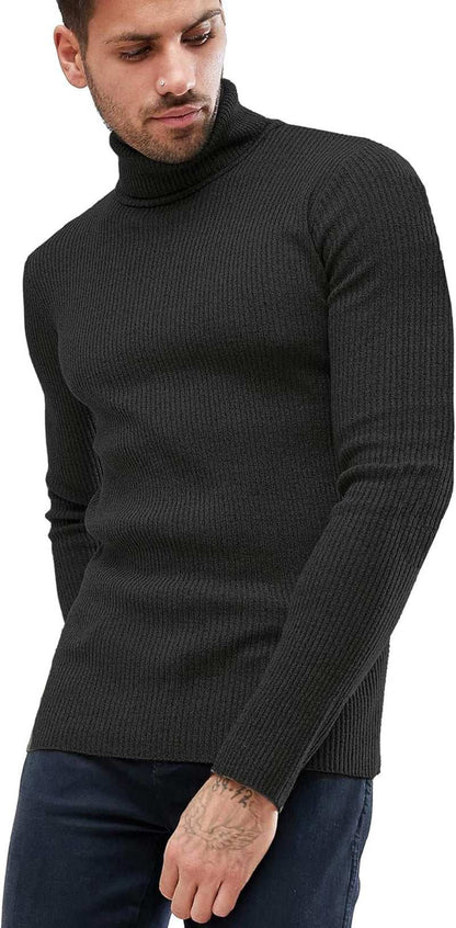 Men'S Knitted Ribbed Turtleneck Pullover Sweaters with Patchwork (Black XXL)