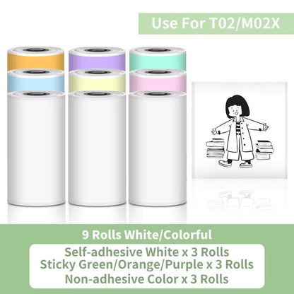 Thermal paper rolls in white, sticky green, orange, purple, and non-adhesive colors for Portable Printer use with self-adhesive and non-adhesive options.