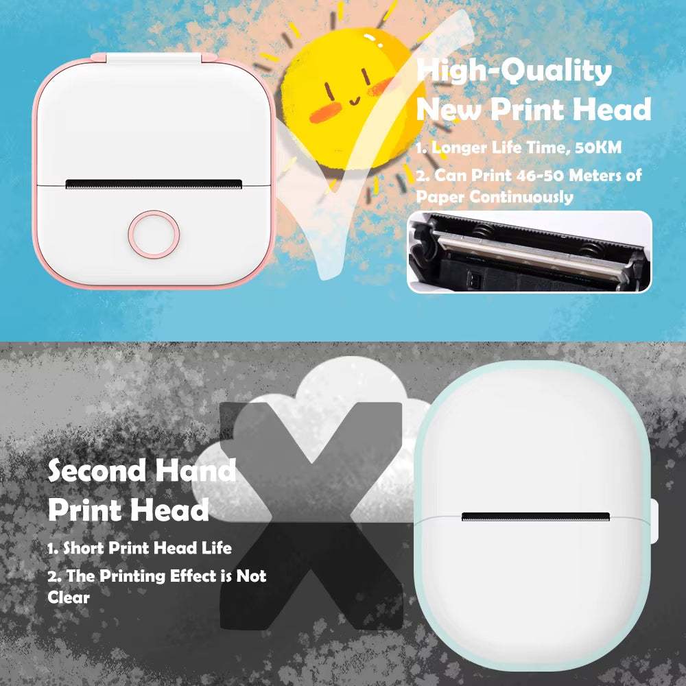 Portable Printer compact white and pink square design with one button, featuring a high-quality new print head for longer life.