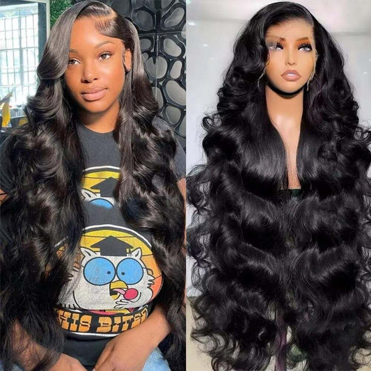 28 Inch Body Wave black Brazilian human hair wig with shiny, voluminous body wave curls and natural lace frontal parting.