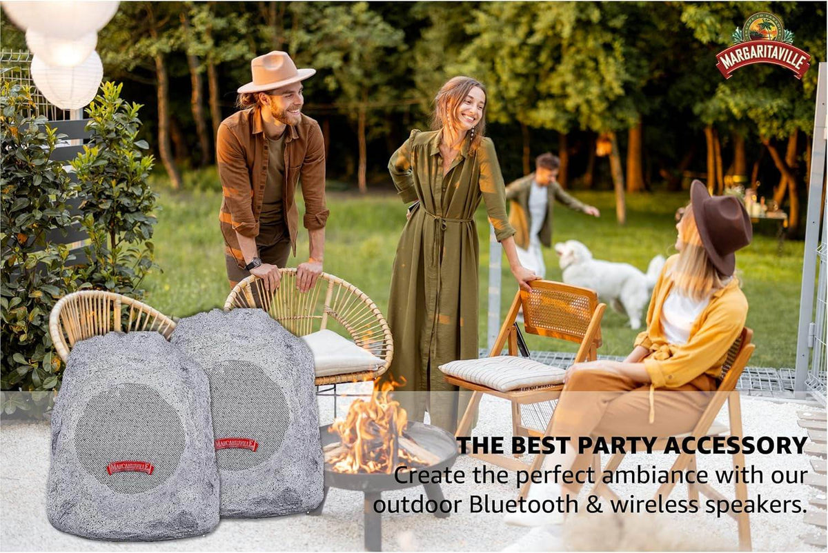 Outdoor Rock Bluetooth speakers in granite grey with a realistic rock texture and red Margaritaville logo tags.