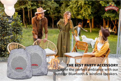 Outdoor Rock Bluetooth speakers in granite grey with a realistic rock texture and red Margaritaville logo tags.