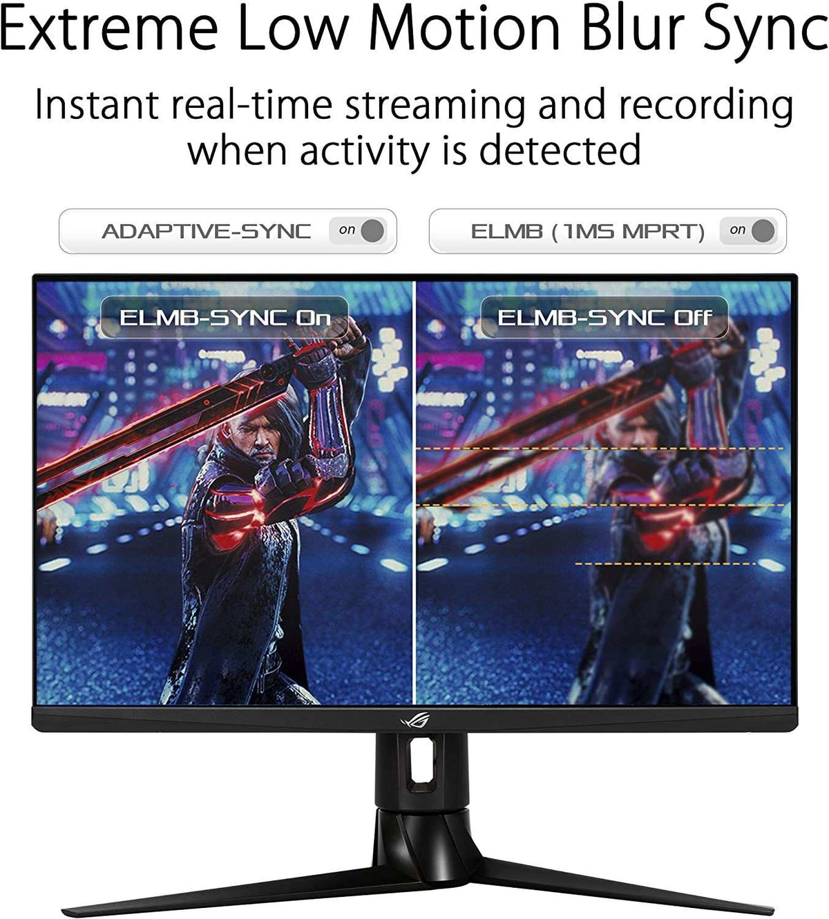 ROG Strix XG27AQ black gaming monitor showing side-by-side comparison of Extreme Low Motion Blur Sync on and off for sharp visuals