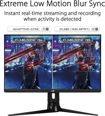 ROG Strix XG27AQ black gaming monitor showing side-by-side comparison of Extreme Low Motion Blur Sync on and off for sharp visuals