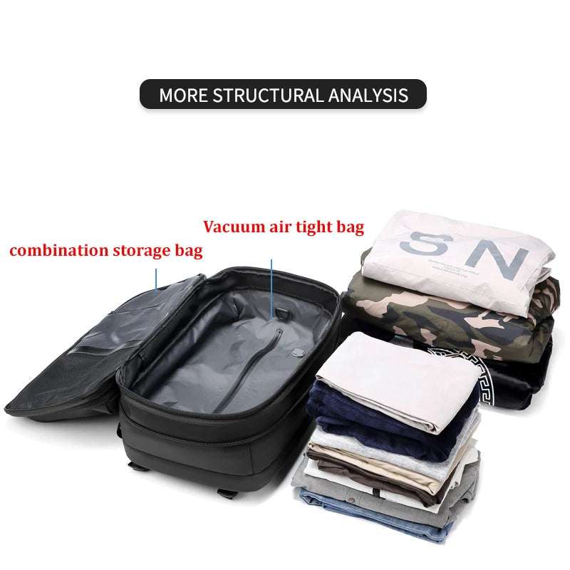 Travel Backpack Vacuum in black waterproof material showing combination storage bag and vacuum air tight bag with folded clothes beside it.
