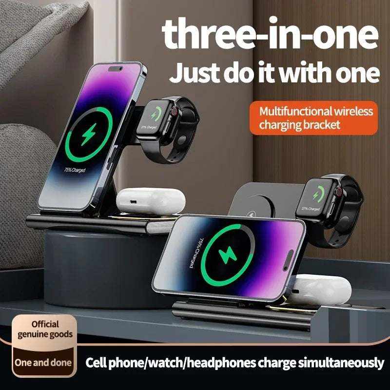 3 in 1 Charging Station black foldable wireless charger dock with stands for phone, Apple Watch, and AirPods charging simultaneously.