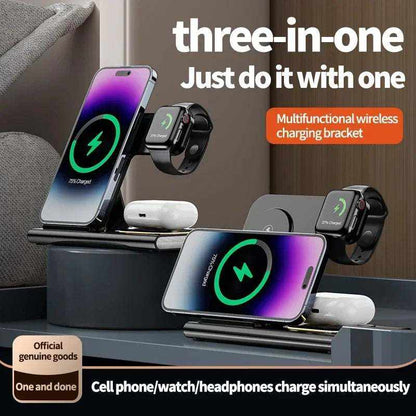 3 in 1 Charging Station black foldable wireless charger dock with stands for phone, Apple Watch, and AirPods charging simultaneously.