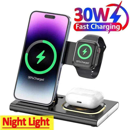3 in 1 Charging Station black wireless charger dock with slots for iPhone, Apple Watch, AirPods, and fast charging features.