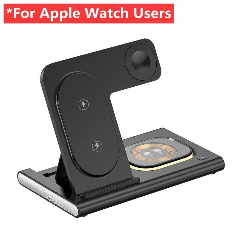 3 in 1 Charging Station black foldable wireless charger with dual charging pads and Apple Watch charging dock stand.