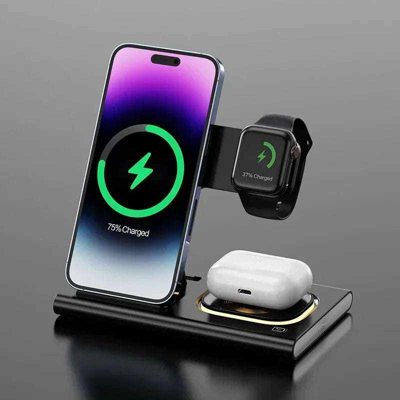 3 in 1 Charging Station in black ABS material with separate charging spots for iPhone, Apple Watch, and AirPods, foldable design.