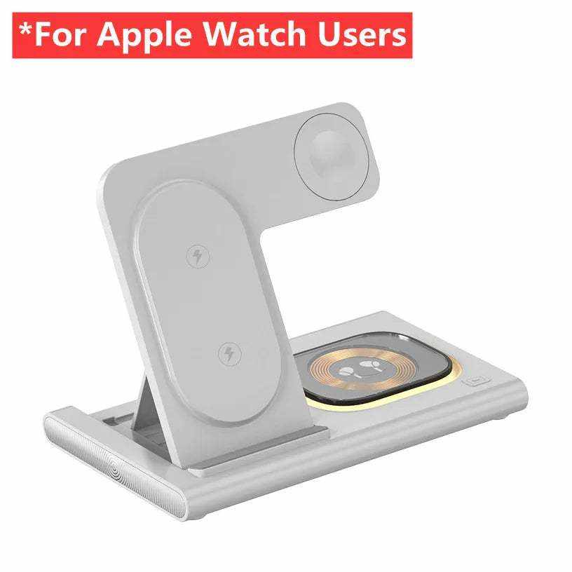 3 in 1 Charging Station wireless fast charger in white ABS with foldable design for iPhone, Apple Watch, and AirPods charging.