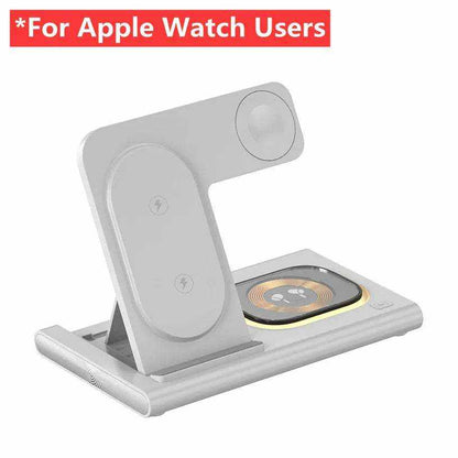 3 in 1 Charging Station wireless fast charger in white ABS with foldable design for iPhone, Apple Watch, and AirPods charging.