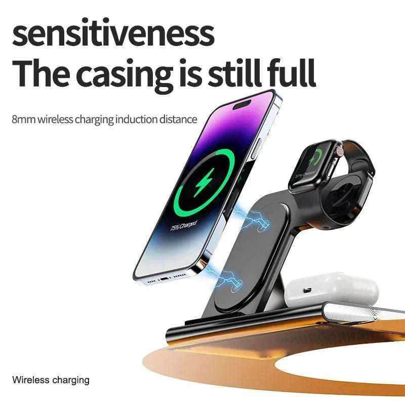 3 in 1 Charging Station in black ABS material with foldable design, wirelessly charging iPhone, Apple Watch, and AirPods simultaneously.