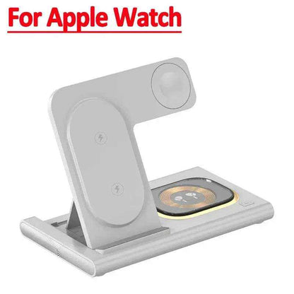 3 in 1 Charging Station in white ABS material with foldable design, dual wireless charging pads and Apple Watch charging spot.