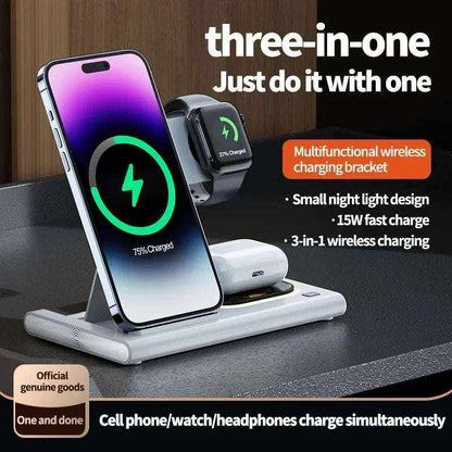 3 in 1 Charging Station in white with foldable design charging an iPhone, Apple Watch, and wireless earbuds simultaneously.
