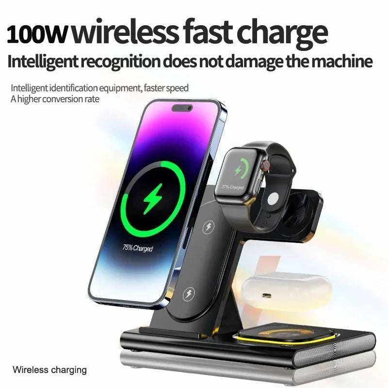 3 in 1 Charging Station in black ABS material with vertical phone stand, Apple Watch holder, and flat charging pad for earbuds.