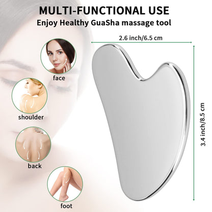 Gua Sha Facial Tools stainless steel massage tool, polished silver, heart-shaped blade for face and body use, 3.4 by 2.6 inch.