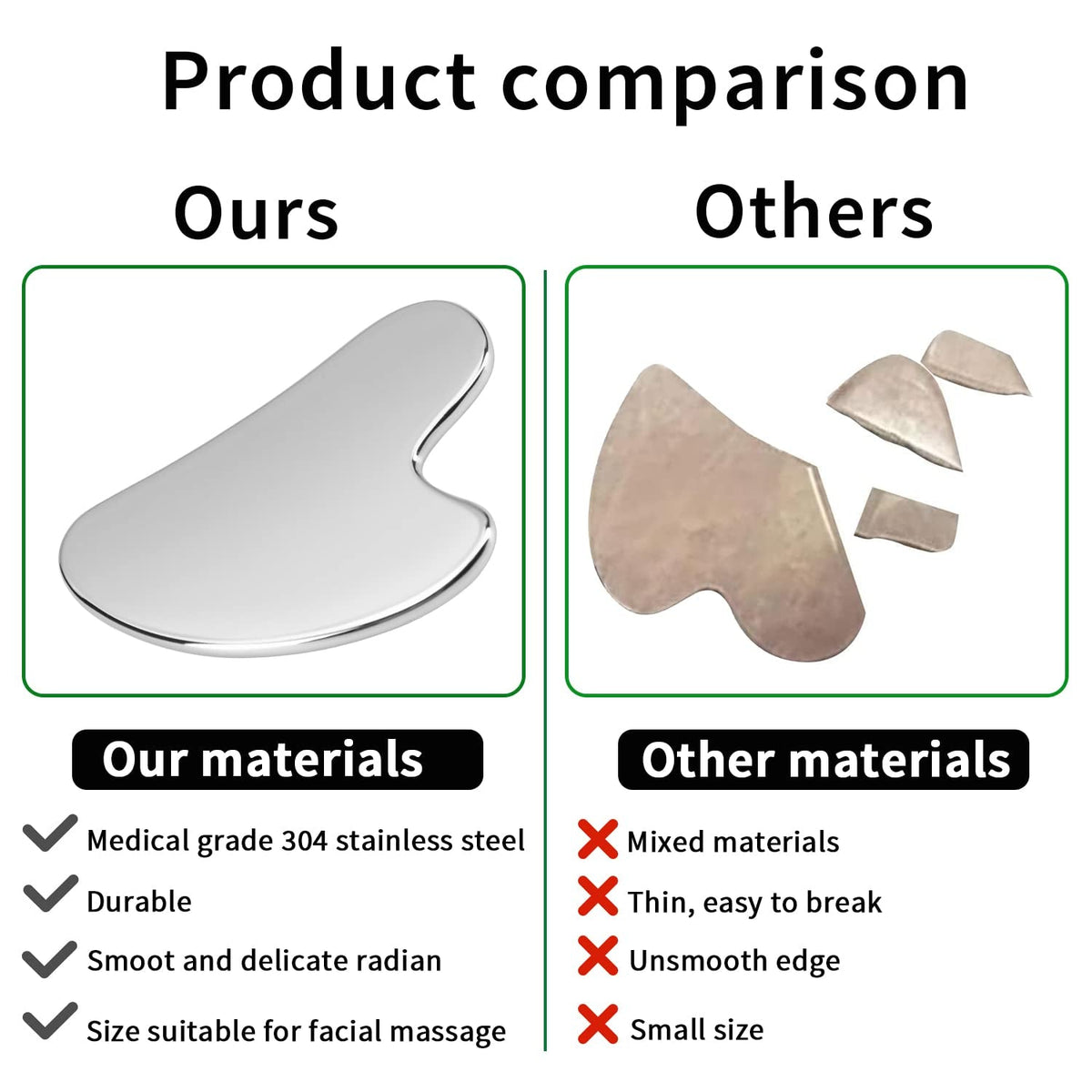 Gua Sha Facial Tools made of polished silver stainless steel with a smooth, heart-shaped design for facial massage.