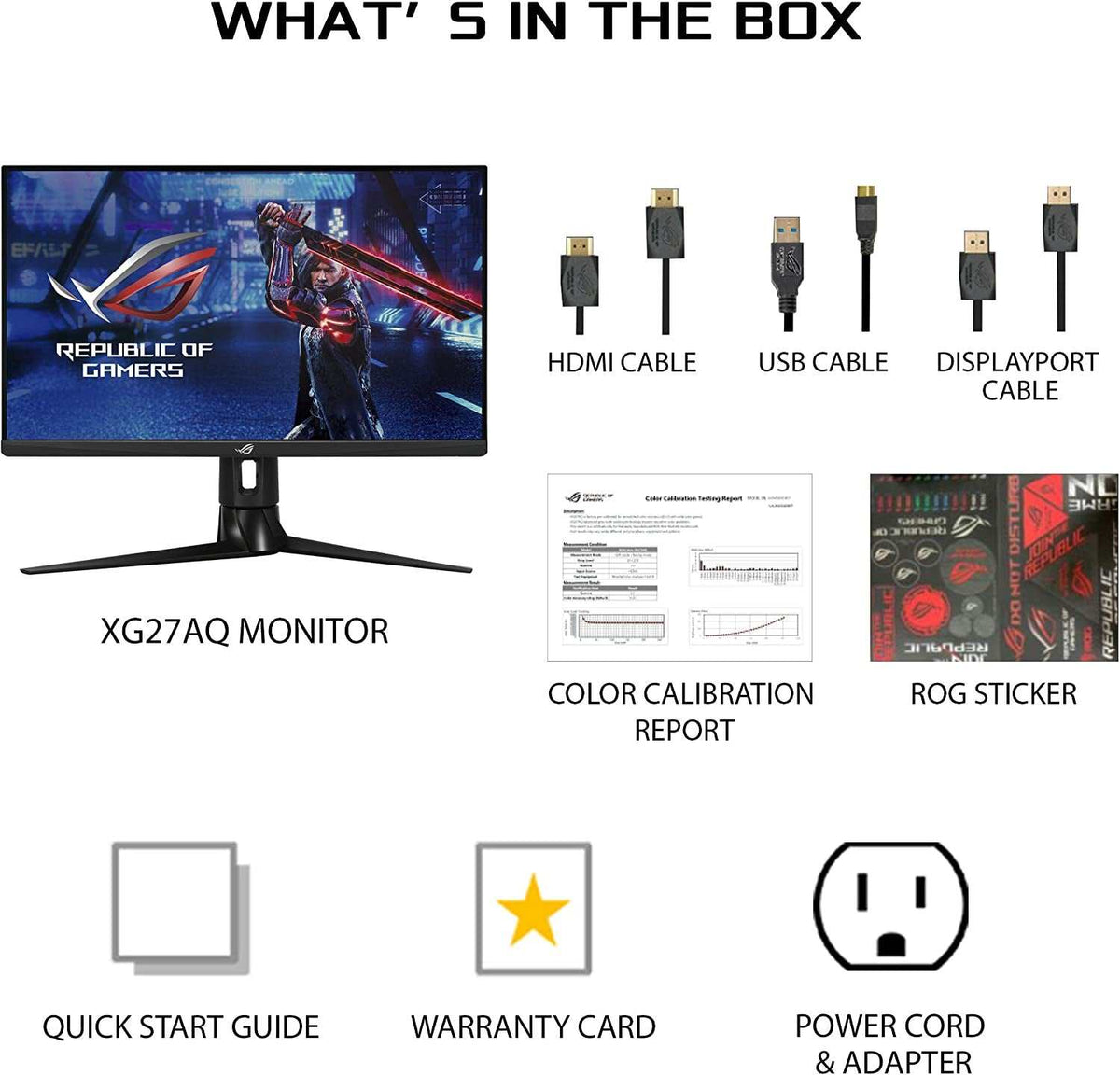 ROG Strix XG27AQ 27-inch black gaming monitor with slim bezels, included HDMI, USB, DisplayPort cables, and accessories.