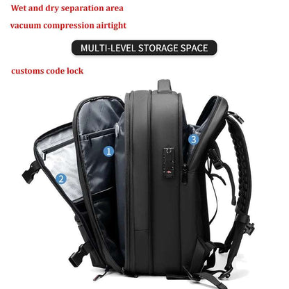 Black waterproof Travel Backpack Vacuum made of Oxford cloth with multi-level storage, wet and dry separation, and a customs code lock.