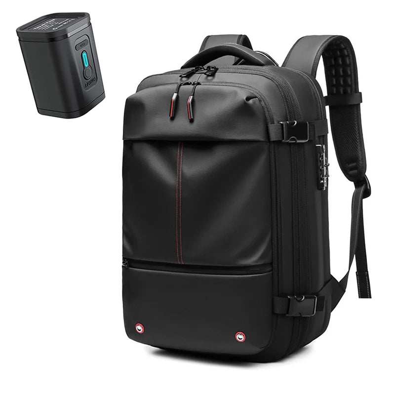 Black waterproof Travel Backpack Vacuum made of durable material with multiple compartments, padded shoulder straps, and compression device included.