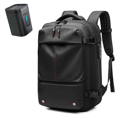 Black waterproof Travel Backpack Vacuum made of durable material with multiple compartments, padded shoulder straps, and compression device included.