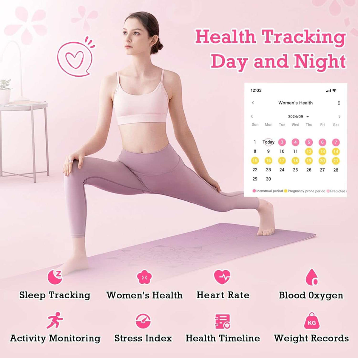 Smart Ring Health Tracker worn on finger in light pink paired with workout clothes, highlighting health and activity monitoring features.