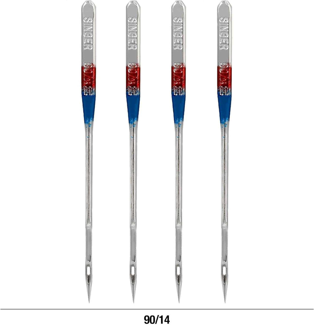 4723 Universal Regular Point Sewing Machine Needles in size 90/14 with silver metal and blue and red colored bands for easy recognition
