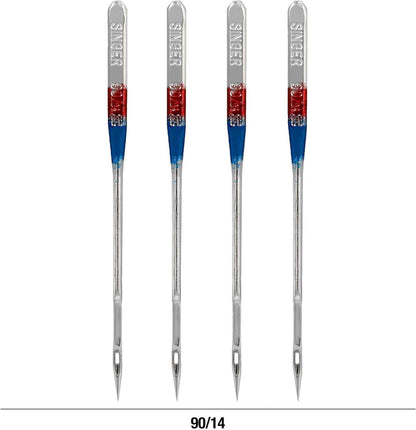 4723 Universal Regular Point Sewing Machine Needles in size 90/14 with silver metal and blue and red colored bands for easy recognition