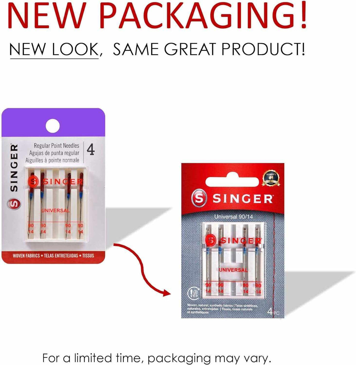 4723 Universal Regular Point Sewing Machine Needles in new red and gray packaging, size 90/14, 4-count with blue color coded needle eyes