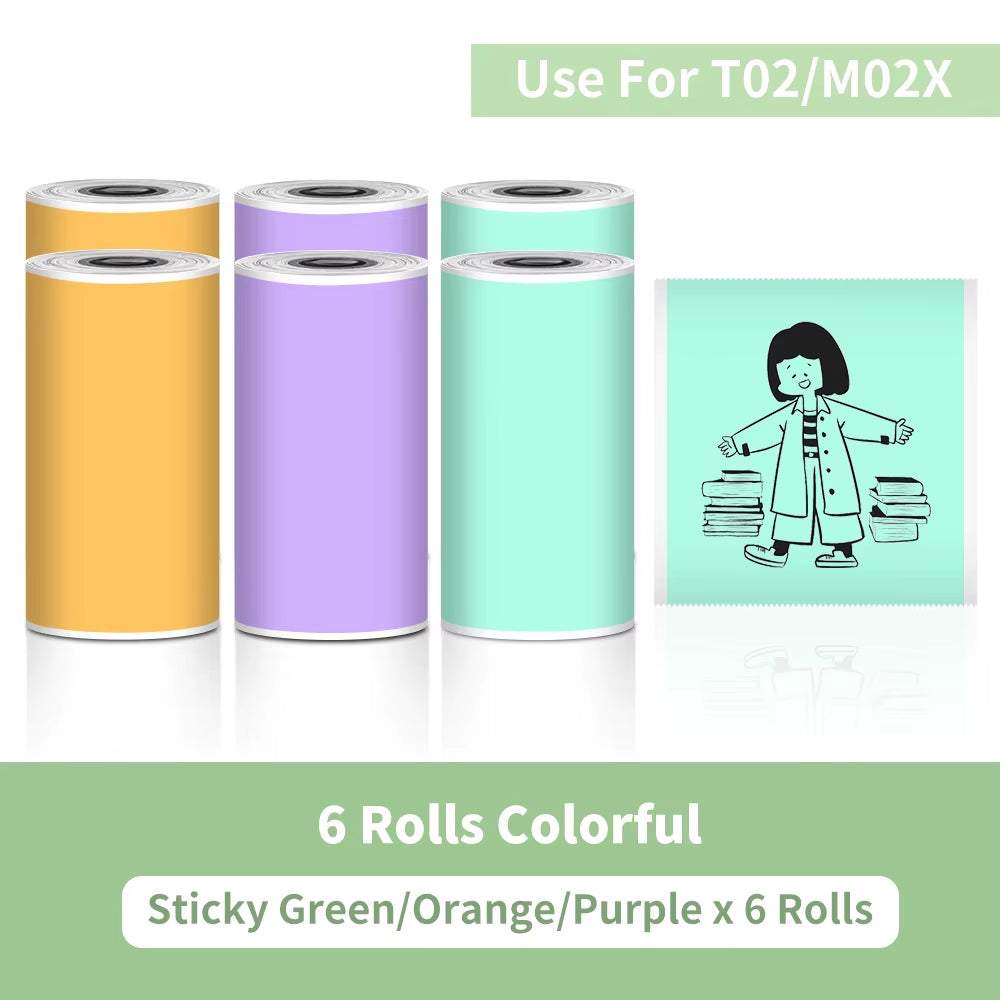 Six rolls of self-adhesive thermal paper in green, orange, and purple colors designed for Portable Printer use with T02/M02X models.